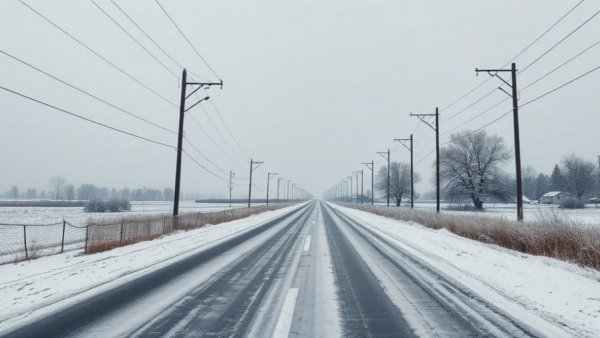 Rural northern Michigan road with snow and travel advisory conditions.