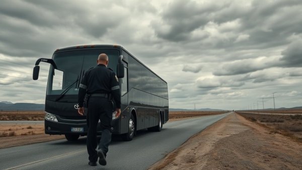 Security officer approaches black bus during Michigan immigration arrests incident.