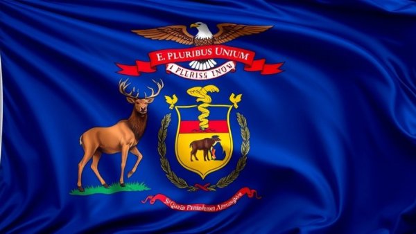 Michigan state flag with elk, moose, eagle, and motto