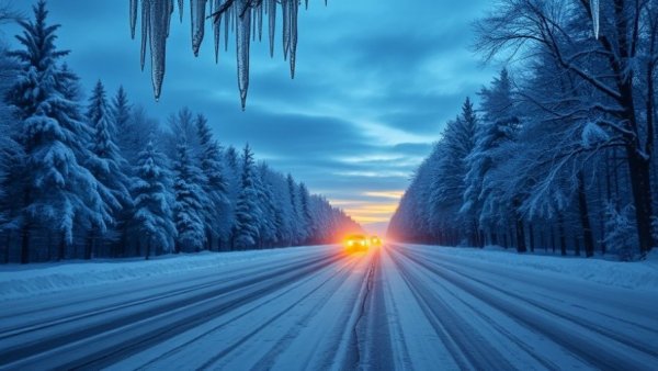 Snow-covered road highlighting hazardous travel conditions in northern Michigan.