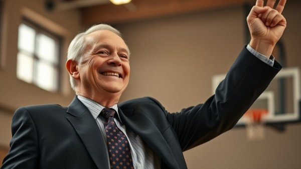 An older man raises his arm, smiling, related to Michigan State March Madness history.