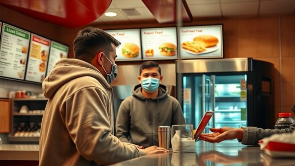 Jack in the Box customer ordering with a masked employee at the counter