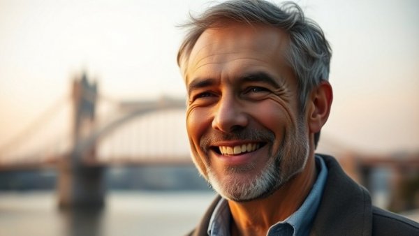 Middle-aged man smiling in front of a bridge silhouette, proentropic startups.