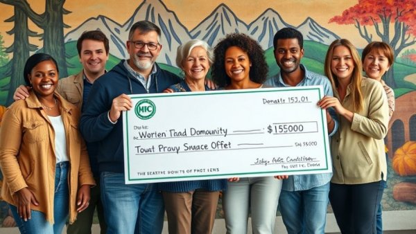 Group receiving a large check in front of a colorful mural for financial literacy support for small businesses.