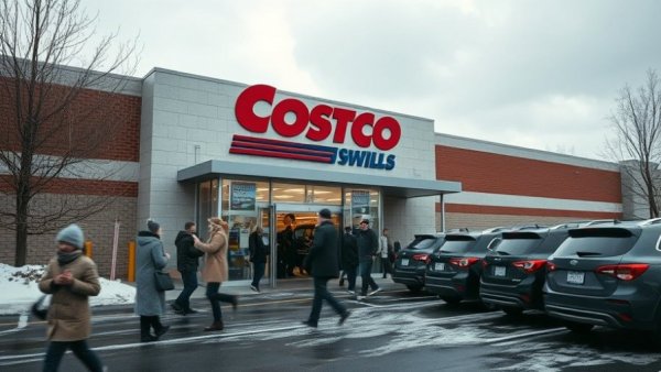 Costco in winter with people entering and cars parked.