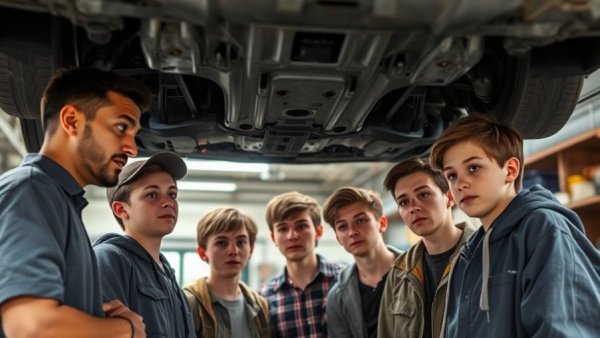 Teens learning automotive work under car in garage.