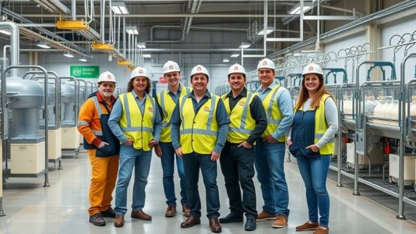 Workers in safety gear at Michigan dairy processing plant for sustainability.