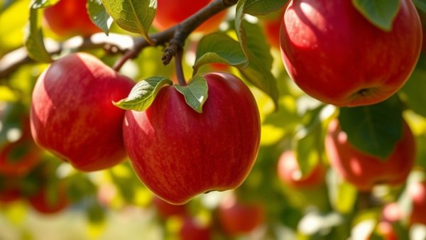 Ripe apples hanging from a tree branch in Michigan farmland.