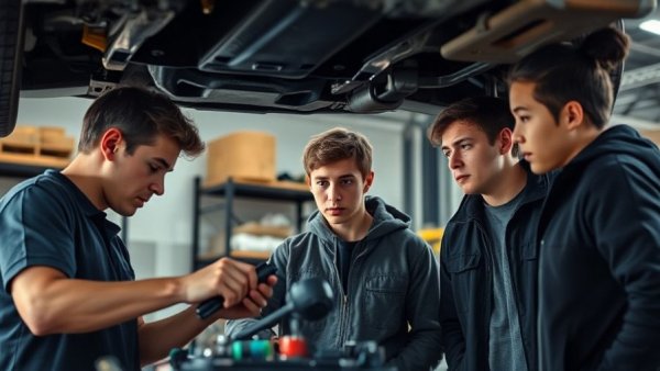 Teens learn automotive work for free in a garage setting.