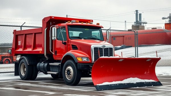Red snowplow truck in Muskegon for snow removal services.