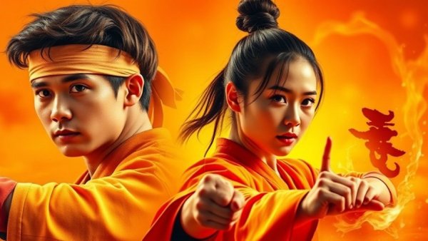 The Karate Kid Musical characters against bright orange backdrop.