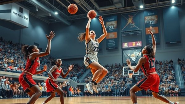 Intense action during Muskegon basketball playoff game.