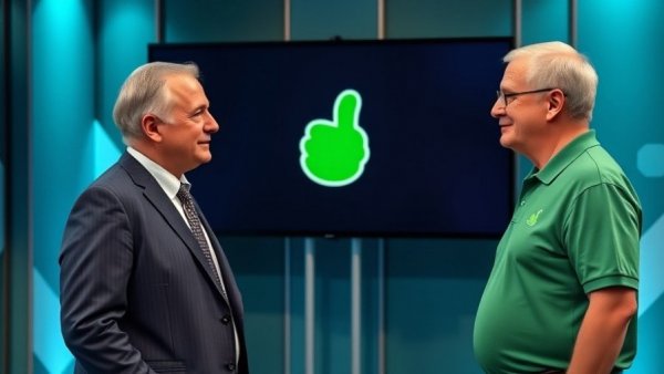 Two men discussing lawn services promotion in a studio.