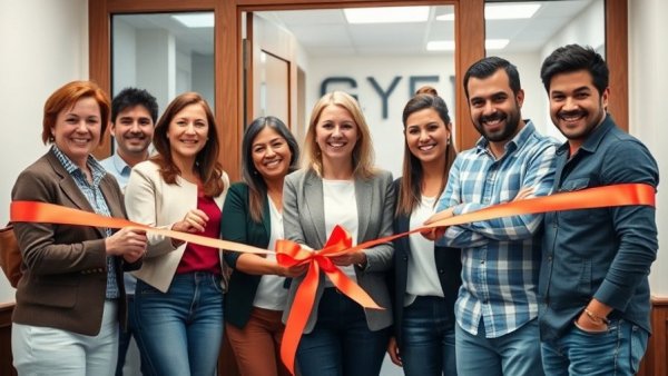 Ribbon-cutting ceremony with a cheerful group indoors.