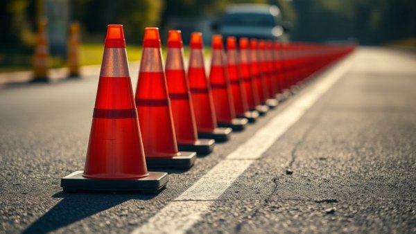 Close-up of traffic cones on a Michigan road for construction updates.