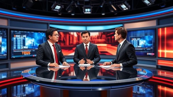 Modern news studio discussing AI chatbots in real estate.