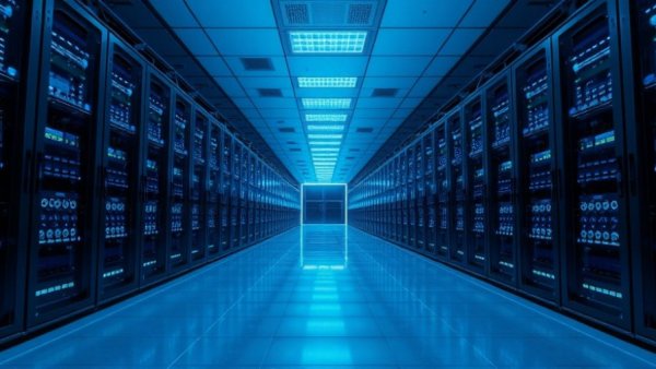 Expansive server room with rows of lit servers.