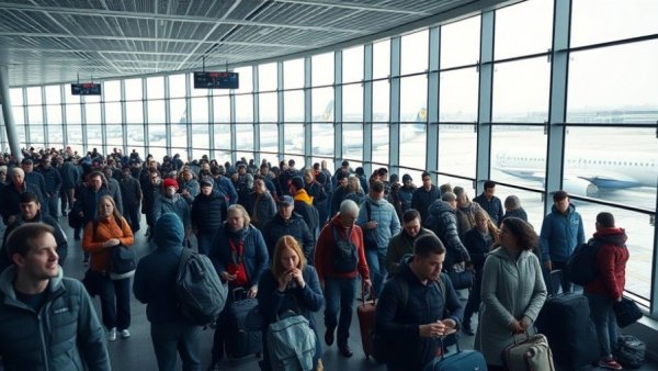 Northern Michigan airport travelers await flights amid snowy weather.