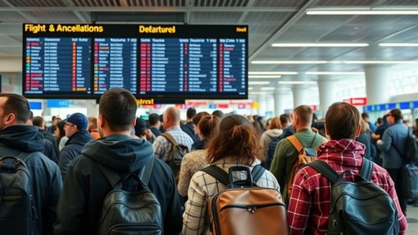 Busy airport terminal highlighting Michigan tourism flight cancellations.