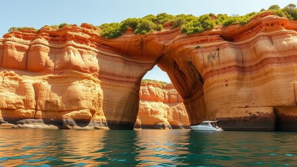 Vivid sandstone cliffs at Pictured Rocks National Lakeshore with boats