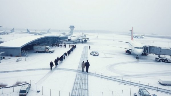 Snowy Michigan airport reflecting tourism flight disruptions