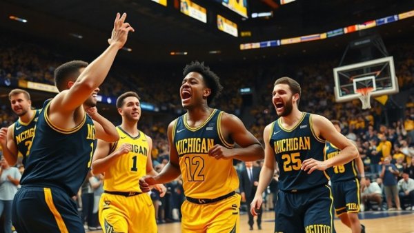 Michigan basketball history moment with players celebrating a tie.