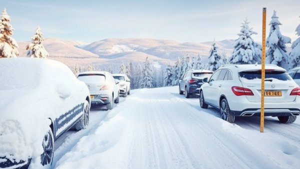 Michigan snow record: vehicle buried under heavy snow with measuring stick.