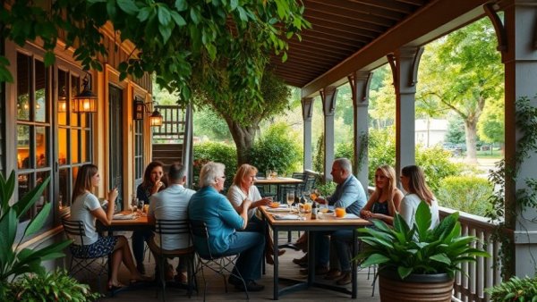 Cozy porch dining scene at Traverse City restaurant with people enjoying meals.