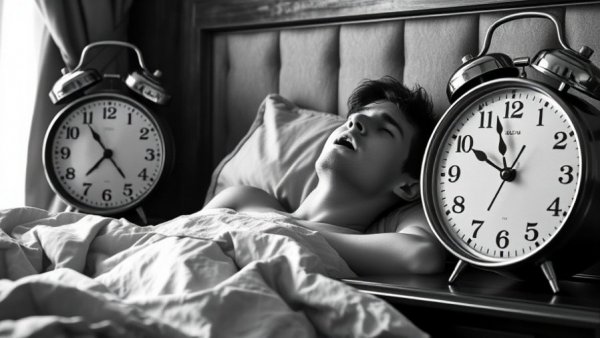 Vintage scene of man yawning in bed with large alarm clock.