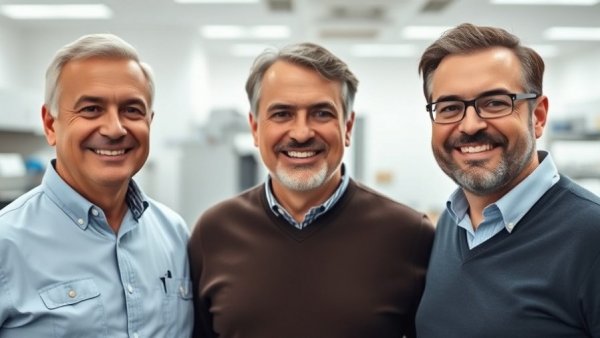 Three men in a lab associated with low-grade heat harvesting technology.