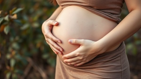 Pregnant woman gently holding her belly emphasizing care and safety.