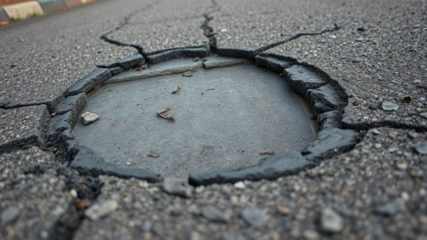 Close-up of pothole in the road surface; concerns for snow removal in Muskegon.