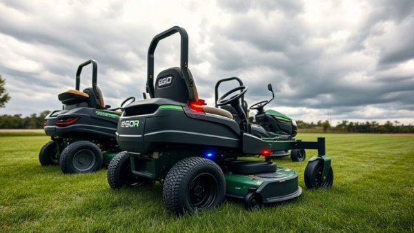 EGO Z6 Zero Turn Riding Mowers on a green lawn with cloudy sky.