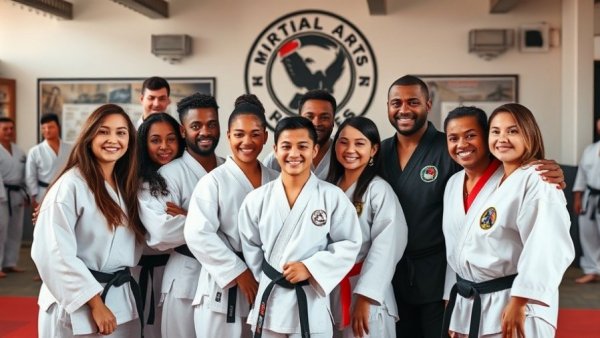 Martial arts students group photo in studio with check.