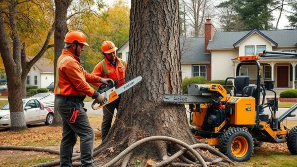 Homeowner tree safety inspection with workers cutting a tree in suburb.