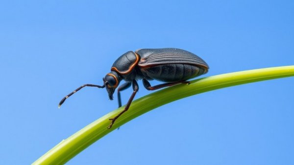 Close-up view of a billbug on a grass stem