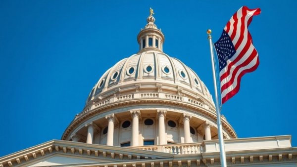 Michigan Capitol dome with flag under blue sky, symbolizing the Michigan Medical Licensure Compact.
