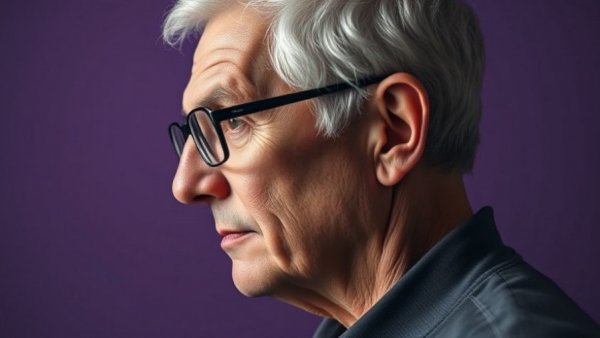 Thoughtful older man in glasses against a purple background, AI in digital media.