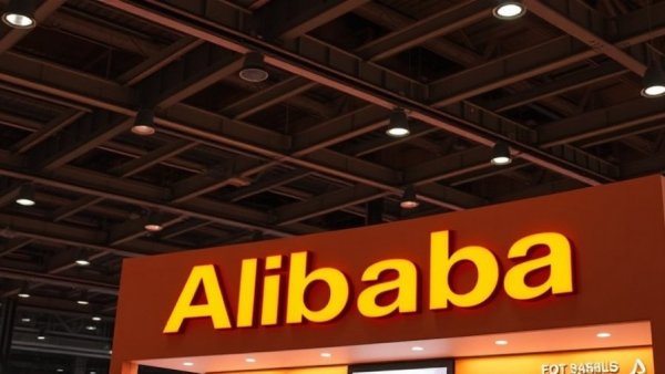 Alibaba logo at exhibition indicating workforce changes.