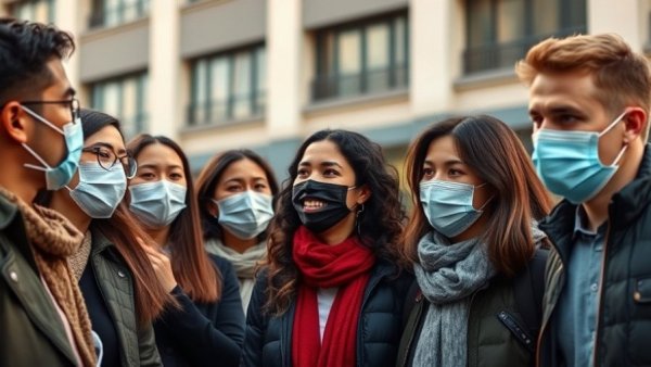 People smiling and chatting at an event wearing masks in an urban setting.