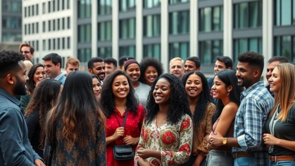 Group gathering outside with masks, smiling and interacting.