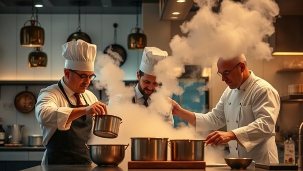 Professional chefs in a kitchen using liquid nitrogen, a Michelin chef venue for sale in Michigan.