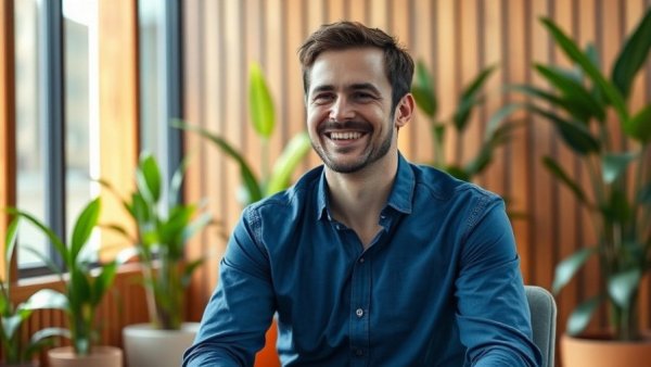 Confident CEO in blue shirt planning growth strategies for startups.