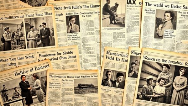 WWII homefront newspaper clippings of women and children mobilization.