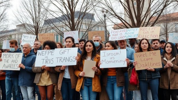 Protesters holding signs about public data threats in an urban area.
