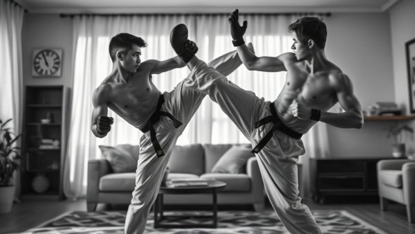 Martial arts high kick scene indoors, black and white photo.