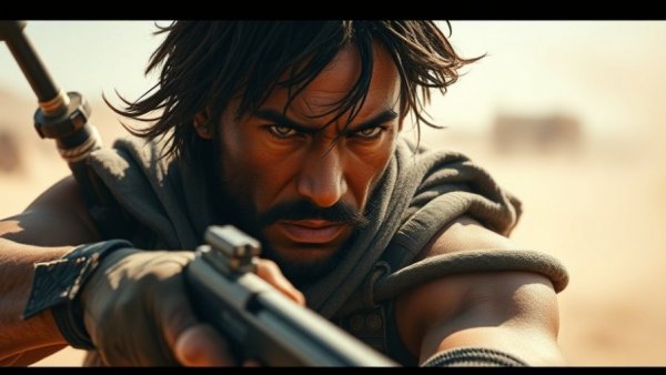 Gritty warrior in action scene, martial arts atmosphere.