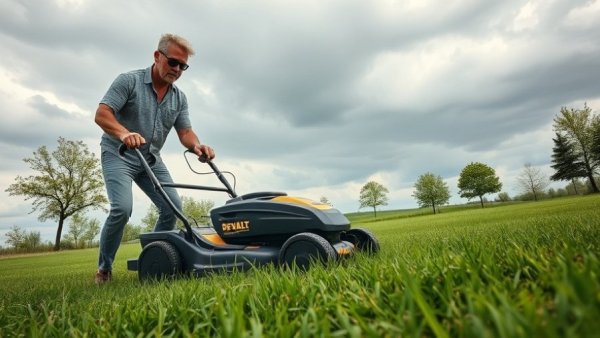 Man using DeWalt battery lawn mower on a cloudy day
