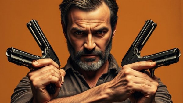 Rugged man with pistols in vintage poster, martial arts emotional wellness Gurnee.