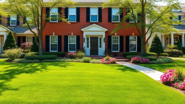 Vibrant landscaping of a home, showcasing lawn fertilization and weed control.